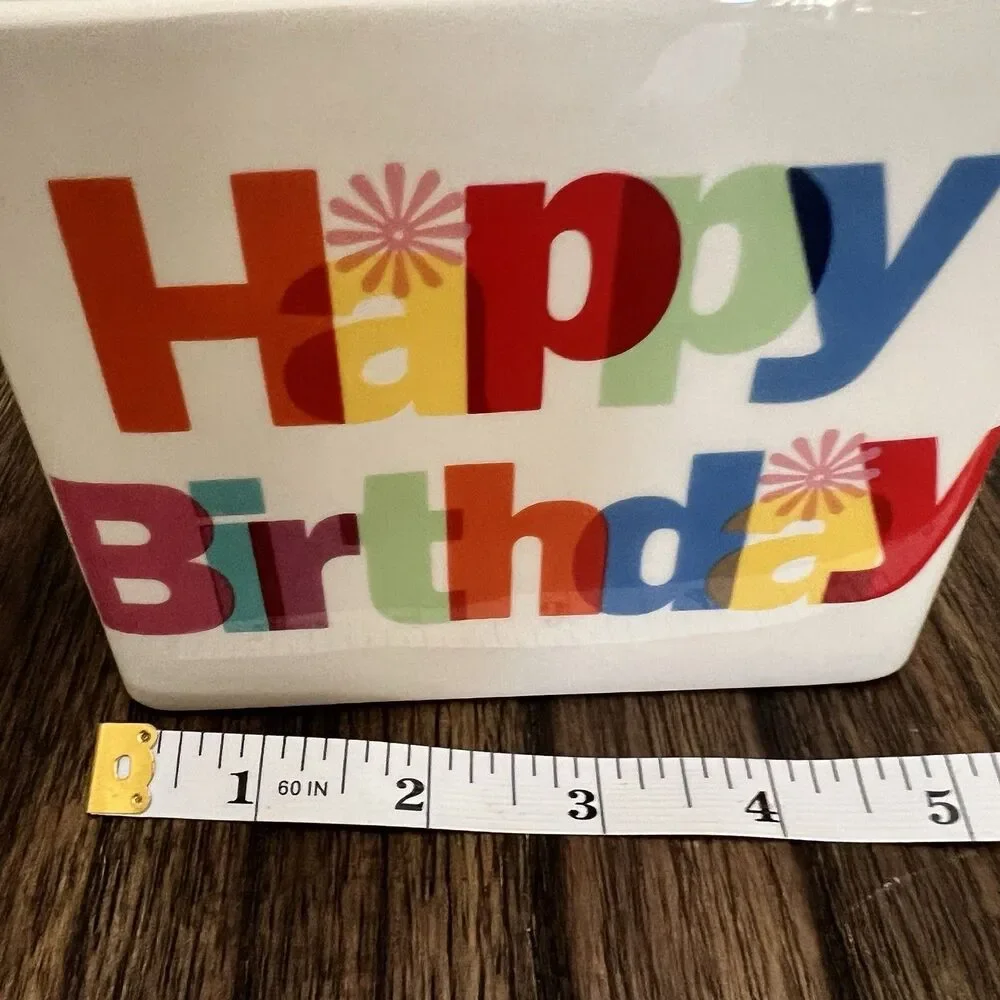 FTD HAPPY BIRTHDAY RECTANGULAR PLANTER CONTAINER VASE pride rainbow colors ivory